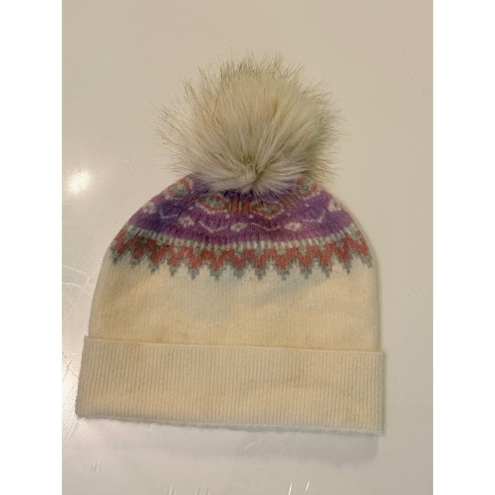 Talbots Fair Isle Beanie Hat Faux Fur Pom Pom Wool Alpaca Blend Ivory Purple